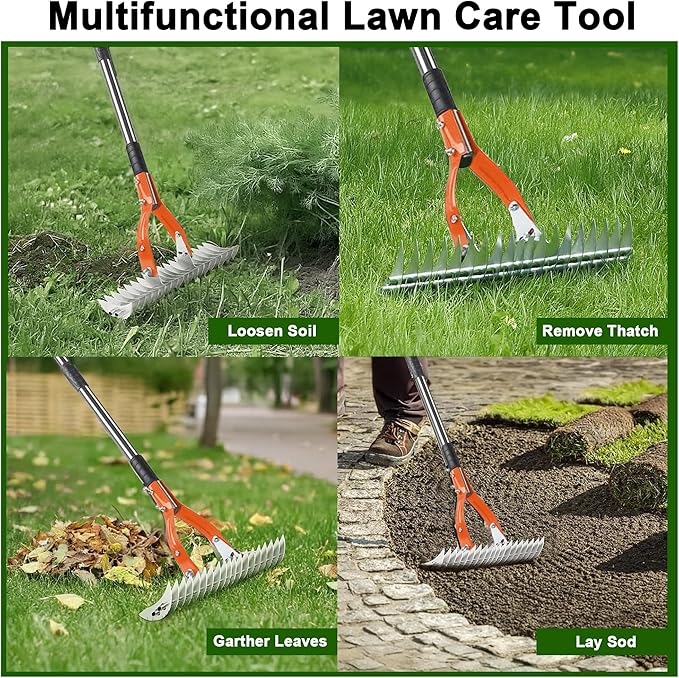Thatch Rake,15" Lawn Dethatcher Rakes,Dead Grass Remover,Manual Dethatching Rake with Adjustable Length Handle,Scarifier Rake,Thatching Rakes for Lawns Grass Loosening Soil
