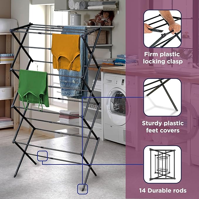 BLACK+DECKER 4-Tier Expandable Collapsible Clothes Drying Rack, Telescopic Height, Foldable Space-Saving Laundry Air Dryer for Towels, Shirts & Delicates – Durable Steel, No Tools Needed