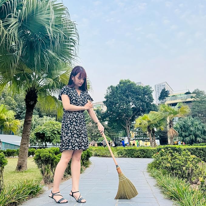 BMart Home Vietnamese Broom, Long Handle Indoor & Outdoor Floor Sweeper, Sturdy Wooden Handle for Strength & Durability, Wedding Broom - 9.84'' Width, 47.44'' Length