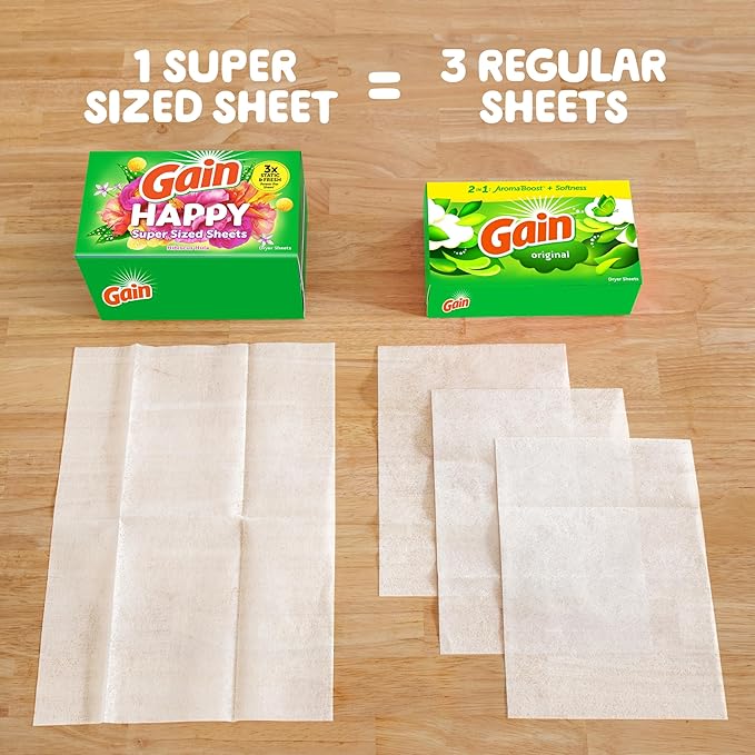 Gain Super Sized Dryer Sheets, Laundry Fabric Softener, Happy, 130 Count