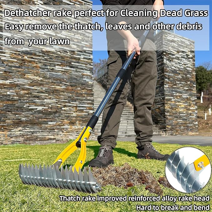 Thatch Rake 15 Inch Wide Efficient Dethatcher Rake for Cleaning Dead Grass, Combs Turf & Loosens Soil, Steel Metal Grass Rakes with Stainless Steel Handle Versatile Leveler &Cleans for Garden