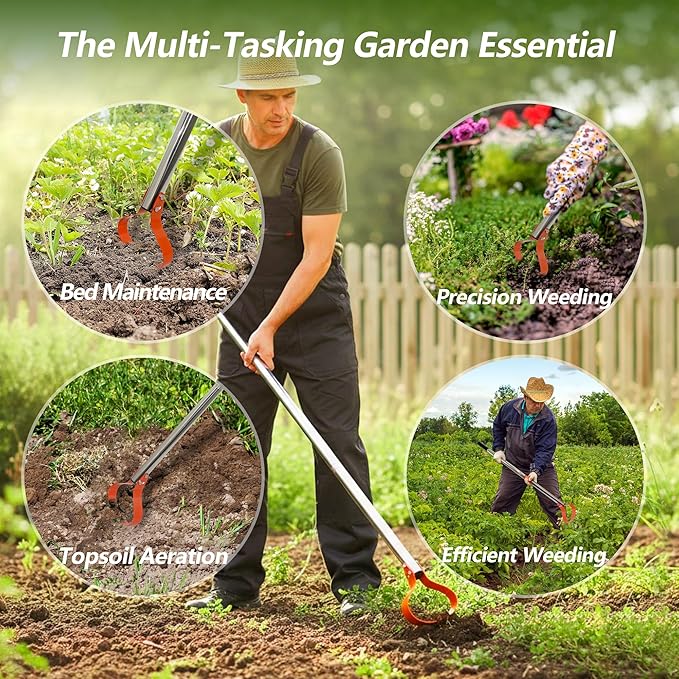 63-Inch Stirrup Hoe Garden Tool - Action Hoe with 15° Sharp Spring Steel Blade & Anti-Loosening Nut, Adjustable Long Handle Weeding Tool for Flower Beds, Yard, and Farm Weeding