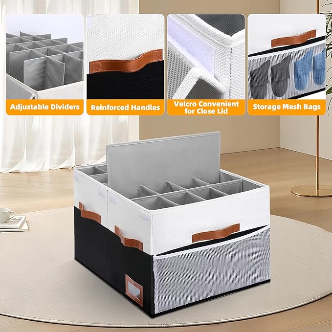 Supowin Shoe Organizer for Closet, Foldable Shoe Storage Bins with Lid & Adjustable Dividers, Fabric Shoe Box Storage Containers with Four Reinforced Handles, Fits 20 Pairs, 1 Pack, Black & White