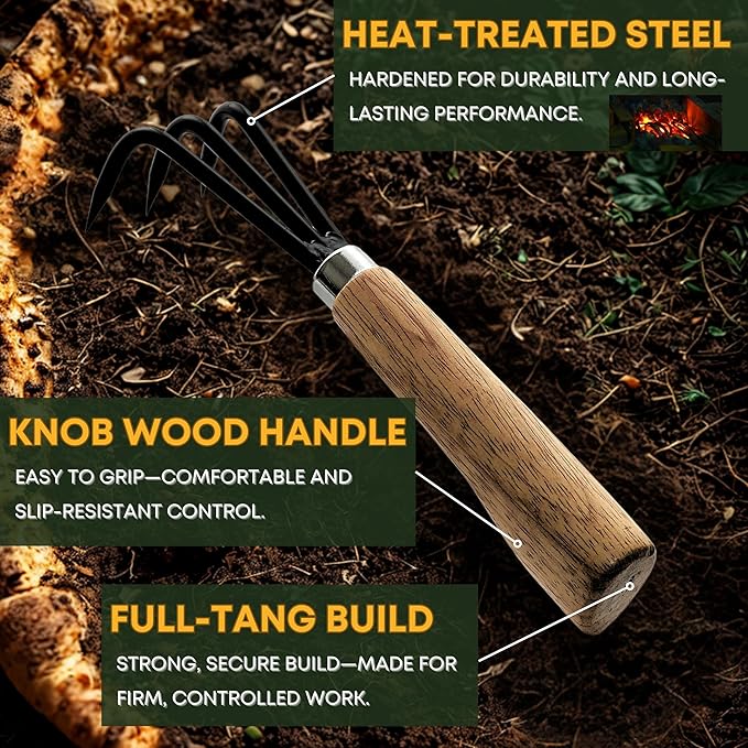Garden Helper Triple Claw Root Hook for Plants - Bonsai Repotting Tool - Heavy Duty Hardened Steel Blade with Ergonomic Wood Handle