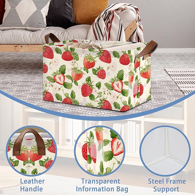 Strawberry Storage Baskets,Leaves Foldable Large Capacity Organizer Bins with Waterproof Lining and Leather Handles for Closet,Shelf,Bedroom 17x11.5x10Inch