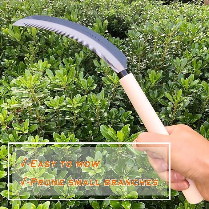 SHANFEEK Grass Sickle with Sawtooth Japanese Weeding Hoe Garden Hand Tool Weeding Tools for Garden High-Strength Steel with Solid Wood Handle (White)