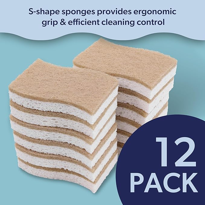 happimess WPE2000A-12SET Natural Plant Based Non-Scratch Sisal Hemp/Cellulose Scrubbing Dish Sponge, Cleaning Sponge for Dishes, Bathroom, Household, Beige/White (Set of 12)