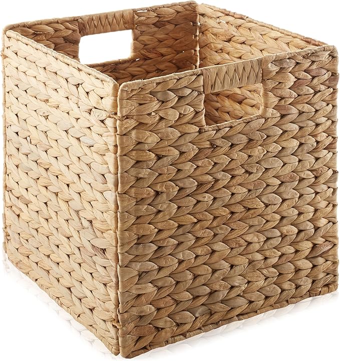 Casafield 12" x 12" Water Hyacinth Storage Baskets, Natural - Set of 6 Collapsible Cube Organizers, Woven Bins for Bathroom, Bedroom, Laundry, Pantry, Shelves