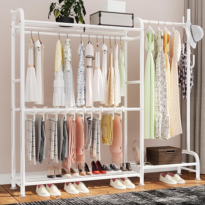 GAIOUS White Portable Closet Rack Wardrobe Clothes, Metal Garment Rack with Shelves for Hanging Clothes Rods，Freestanding Closet Wardrobe Organizer for Cloakroom, Bedroom