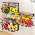 Delamu Stackable Metal Fruit Basket with Wood Lid 3 Pack, Hanging Wall Organizer for Kitchen Counter, Pantry Storage for Onions, Potatoes, Garli, Fruits, Spices, Black