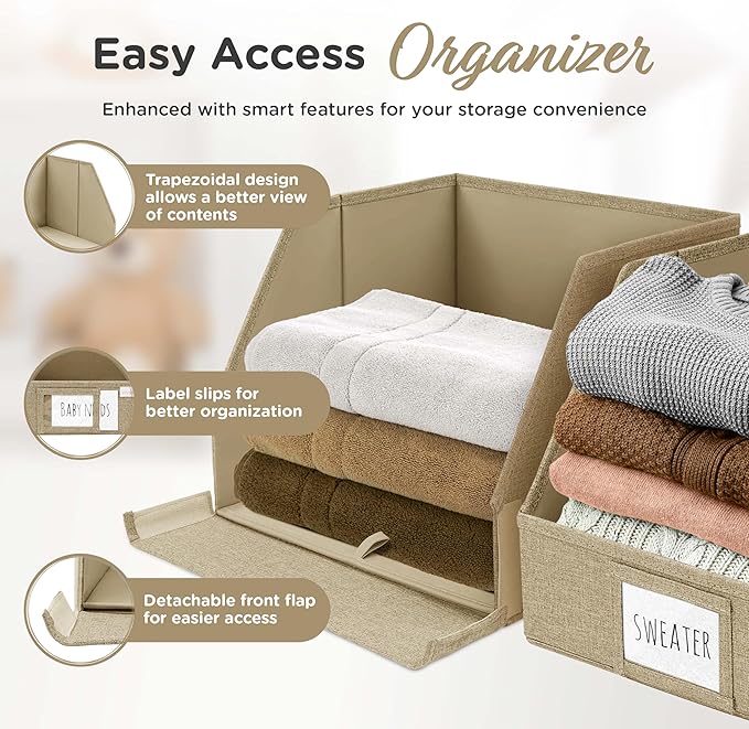 Storage Cubes – 12x12x10 Fabric Baskets for Organizing, Storage Baskets for Shelves, Front Opening Fabric Bins, Closet Organizer Bins for Clothes, Towels, Sweaters, Linen – Brown, 3 Pack