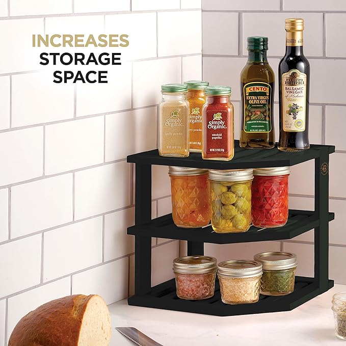 Bambüsi Plate Organizer for Cabinet - Corner Cabinet Organizer and Kitchen Cabinet Organizer Shelf, Kitchen Countertop Organizer for Plates, Dishes and Bowls, Space Saving Corner Rack, Black