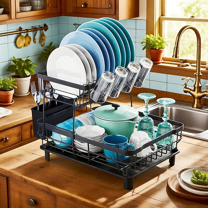 MOUKABAL Dish Drying Rack, Dish Rack, Stainless Steel Dish Racks for Kitchen Counter, Dish Drainer with Removable Utensil Holder, Drainboard (Black,2 Tier,13''W x 17''L)