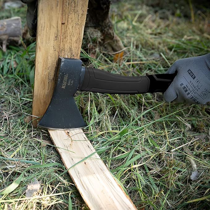 KSEIBI Wood Axe, 274151 Small Outdoor Camp Hatchet 14 Inch for Splitting and Kindling Wood, Forged Steel Blade with Anti-Slip and Shock Reduction Fiber Glasses Handle Great Throwing Axes and Hatchets