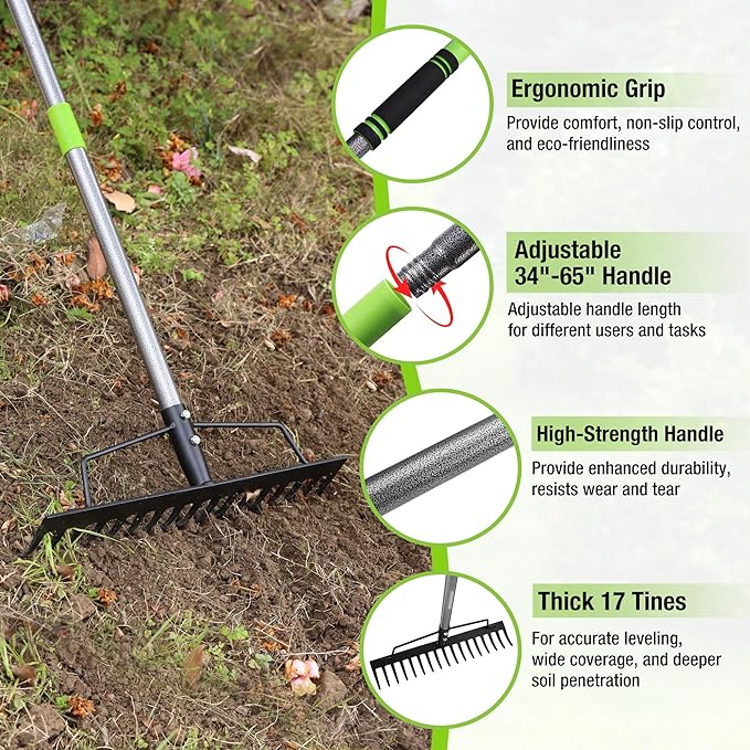 WORKPRO 65 Inch Bow Rake, 17 Tines Metal Head Rakes with High Strength Handle, Heavy Duty Garden Rake with Adjustable Handle for for Loosening Soil, Gathering Leaf, Leveling Lawn, Farming Land