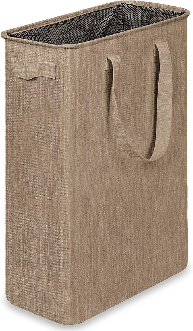 efluky Slim Laundry Basket, Narrow Laundry Hamper with Handles, Collapsible Dirty Clothes Hamper, Tall Laundry Bin for Laundry Room, Dorm and Bedroom, 12.7 Gallons(48L) Flax Brown