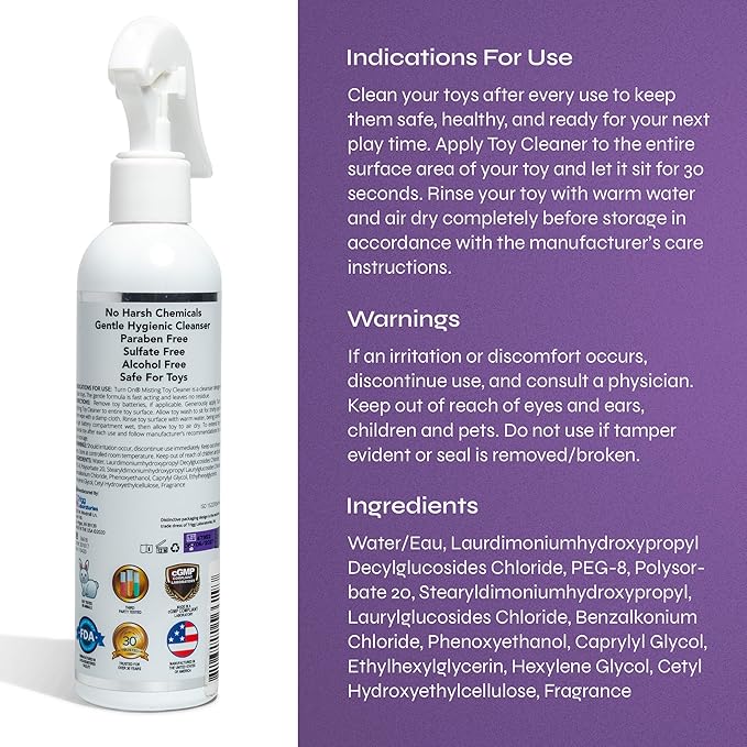 Turn On Hygienic Misting Toy Cleaner, 8 Ounce All Purpose Alcohol Free Gentle Cleansing Spray, No Harsh Chemicals Safe for All Toys and Surfaces, Paraben Free & Sulfate Free