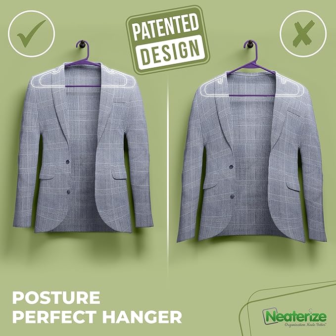 NEATERIZE Clothes Hangers Plastic 20 Pack For Adults - Plastic Hangers, The Perfect Coat Hanger and Space Saving Clothes Hangers for Closet, Percheros Ganchos para Colgar Ropa Hangars - Purple Hangers