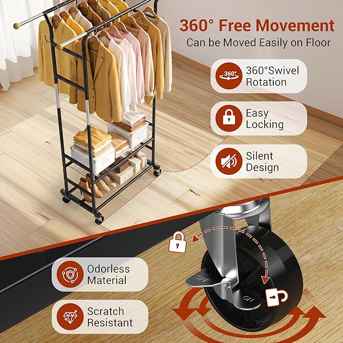 Clothes Rack with 3-Level Height Adjustment - Double Rod Extendable Hanging Rails with Wooden Finials, Luxury 2-Tier Metal Storage Shelves - Sturdy Wardrobe Rack for Closet, Bedroom or Laundry