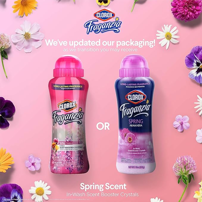 Clorox Fraganzia Laundry Scent Booster Crystals, In-Wash Fragrance Beads for Fresh-Smelling Clothes & Linens, Safe for All Fabrics & Colors, Easy-Pour Bottle, Spring Scent, 18 Oz, 2 Pack