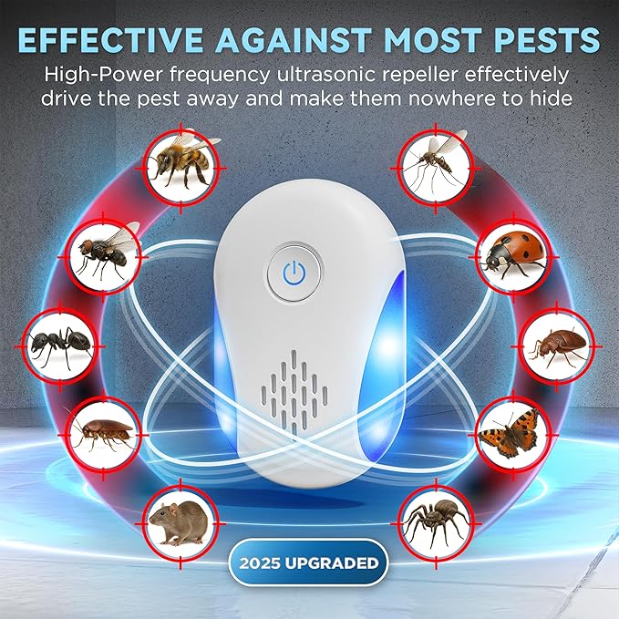 [2025 Upgraded] Ultrasonic Insect & Pest Indoor Repeller, Electronic Plug-in Control Repellent for Roach, Mouse, Rodent, Bugs, Mosquito, Mice, Ant, Spider, 2 Mode Switching (6 Pack)