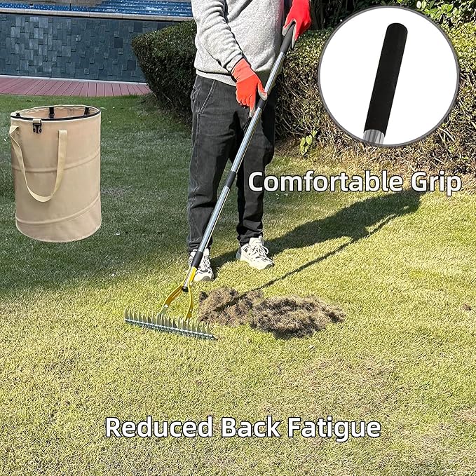 Thatch Rake 15 Inch Wide Efficient Dethatcher Rake for Cleaning Dead Grass, Combs Turf & Loosens Soil, Steel Metal Grass Rakes with Stainless Steel Handle Versatile Leveler &Cleans for Garden
