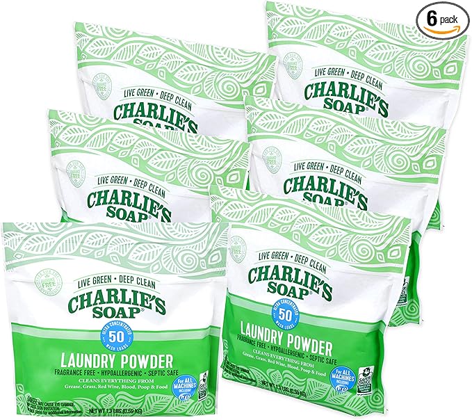 Charlie’s Soap Laundry Powder (50 Loads, 6 Pack) Hypoallergenic Deep Cleaning Washing Powder Detergent – Eco-Friendly, Safe, and Effective