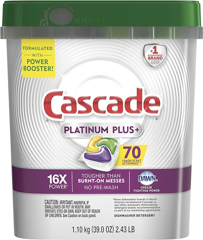 Cascade Platinum Dishwasher Pods, ActionPacs Dishwasher Detergent with Dishwasher Cleaner Action, Lemon Platinum Plus, 70 Count