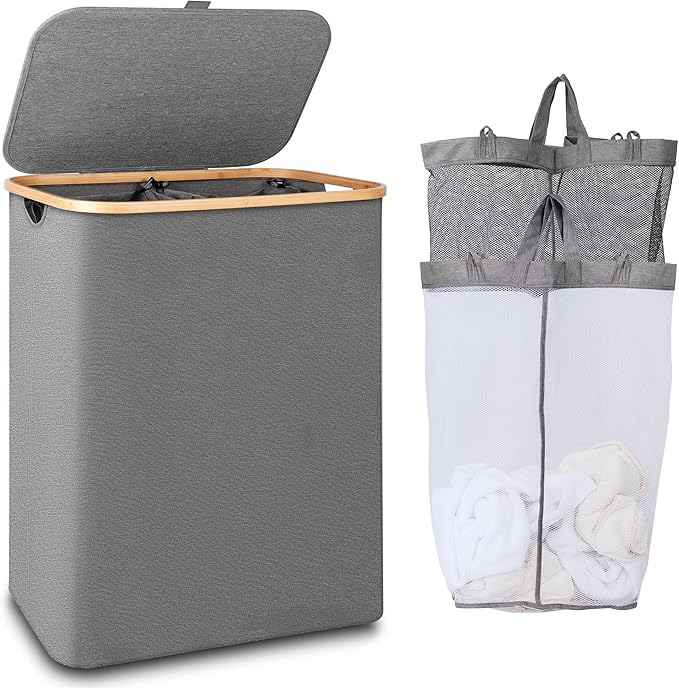 iEGrow 150L Laundry Hamper with Lid-Large Laundry Basket with Bamboo Handles, Grey Hampers for Laundry, Dirty Clothes Hamper with 2 Removable Inner Bags for Clothes Toys Towels
