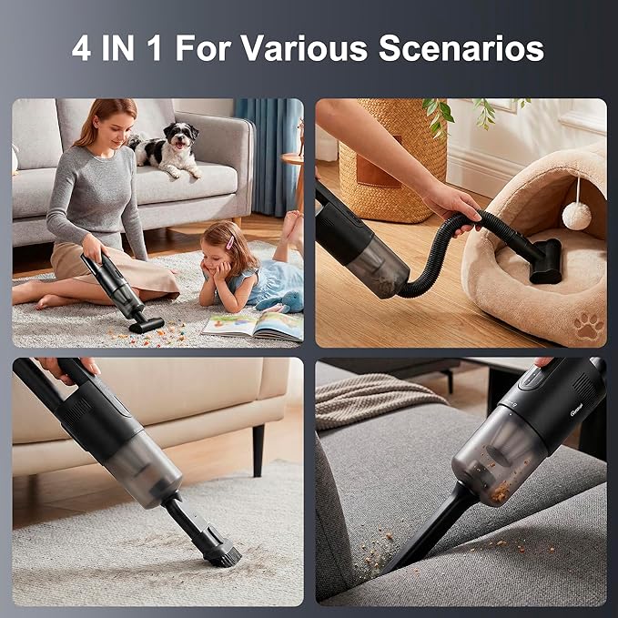Handheld Vacuum Cordless, 5-in-1 Car Vacuum Portable Cordless 30 Mins Rapid Rechargeable Hand Vacuum Brushless Motor 19000Pa Strong Suction, Dust Busters for Car Home with 4 Nozzles, Black