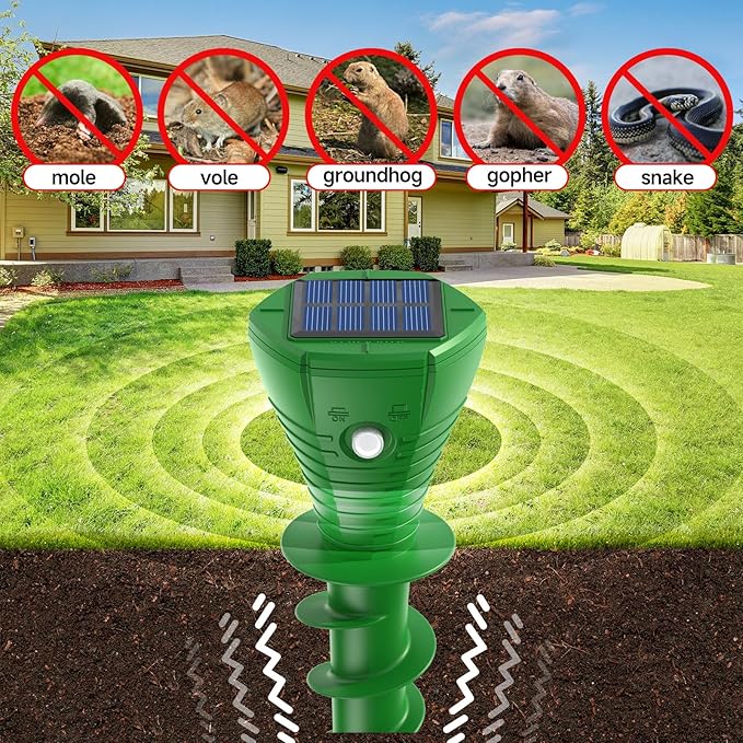 Solar Powered Mole Repellent, 8 Pack Ultrasonic Vole Repeller Outdoor, IP65 Waterproof Snake Deterrent, Gopher Remover Devices, Skunk, Groundhog Trap for Yard, Garden, Lawn