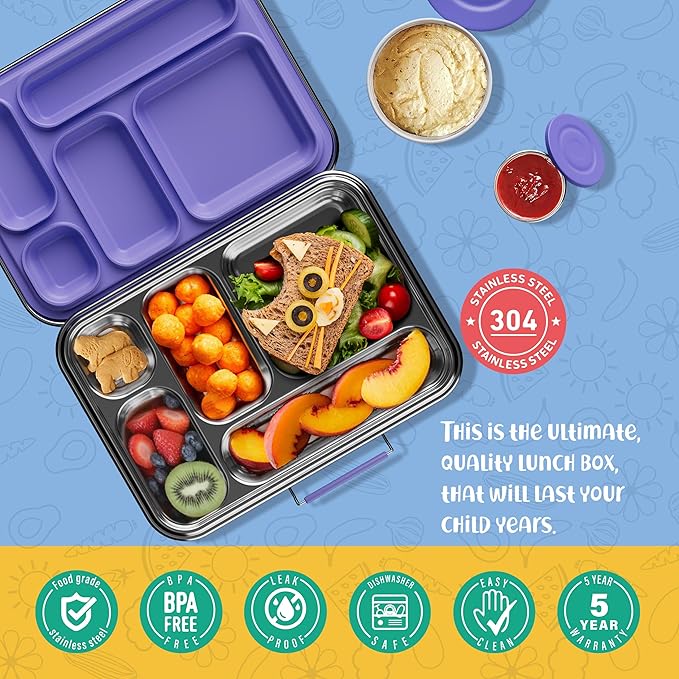 AOHEA Stainless Steel Bento Box Kids, Kids Metal Bento Lunch Box BPA Free Lunch Box Containers 304 Stainless Steel Bento Box for School and Office(Purple)