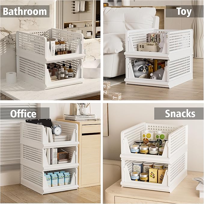 Proarea 5 Pack Stackable Plastic Storage Basket Closet Organizer Bin Foldable Clothes Organizer Storage Drawer Shelf Container for Living room Bathroom Kitchen Office (3L+2S), White, YG-3L2S