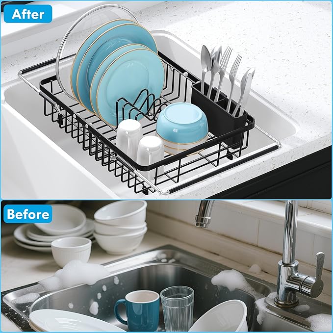 Expandable Stainless Steel Dish Drying Rack Over The Sink For Small Kitchen, Counter Space Saving Compact Black Metal Plate Drain Strainer, Adjustable Hanging In Sink Rust Proof Wire Dryer Holder