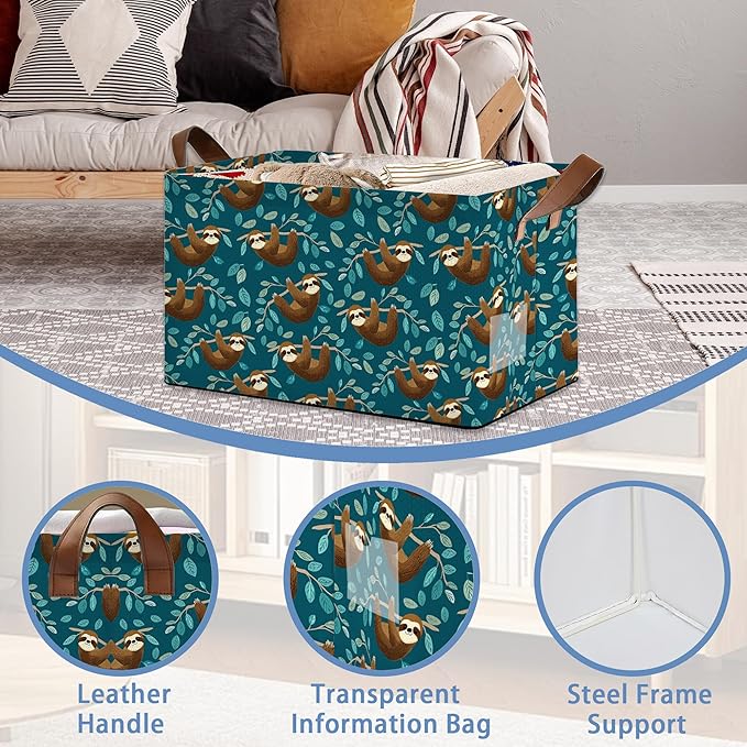 Funny Sloth Storage Baskets,Leaves Foldable Organizer Bin with Handles for Home Living Room Bedroom Closet Box 17x11.5x10Inch