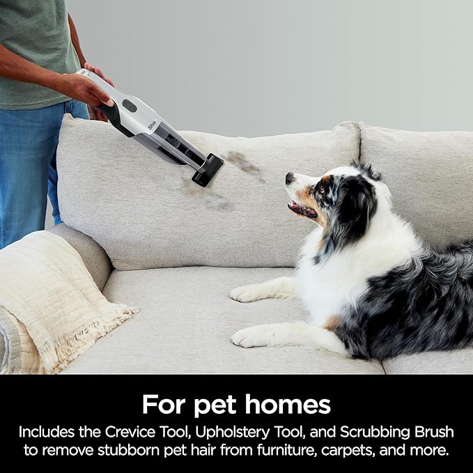 Shark Cyclone PET Handheld Vacuum with, HyperVelocity Suction, Powerful Pet Hair Pickup, Lightweight, XL Dust Cup, Including Upholstery Tool, 8" Crevice Tool, Scrubbing Brush, Pearl White, AA701