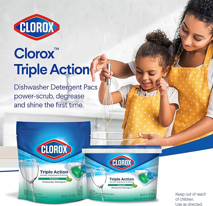 Clorox Triple Action Dishwasher Detergent Pacs, 16 Count Dishwashing Pacs, Fresh Scent