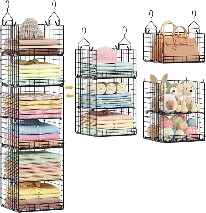 6 Tier Hanging Closet Organizers and Storage Stackable Hanging Closet Shelves with 4 Hooks 2 Adjustable Dividers, Wire Storage Basket Bins for Clothing Purse Sweaters Shoes Socks Dolls, Foldable