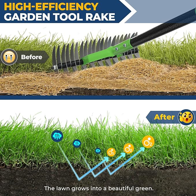 Thatch Rake & Garden Rake 70" – 13" Narrow Dual-Sided Sharp Steel Tines, Adjustable Handle, Lightweight & Reversible Head for Precision Lawn Care, Debris Removal and Soil Leveling