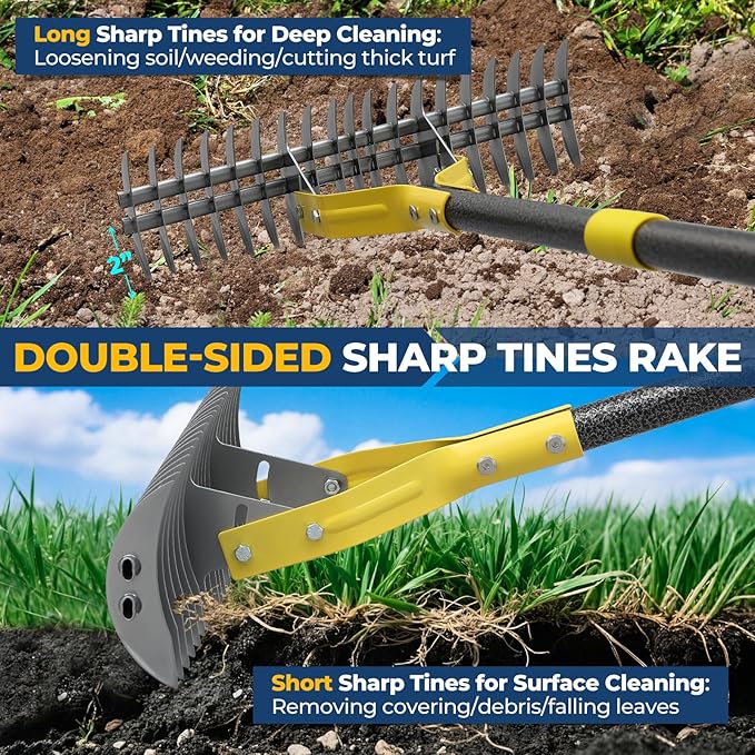 Thatch Rake, 51" Heavy Duty Metal Dethatcher Rake with 15" Wide Double-Edged Sharp Tines Thatch Rakes for Lawns,Dead Grass Removal,Soil Loosening,Lawn Care, Dethatching,Yard,Garden