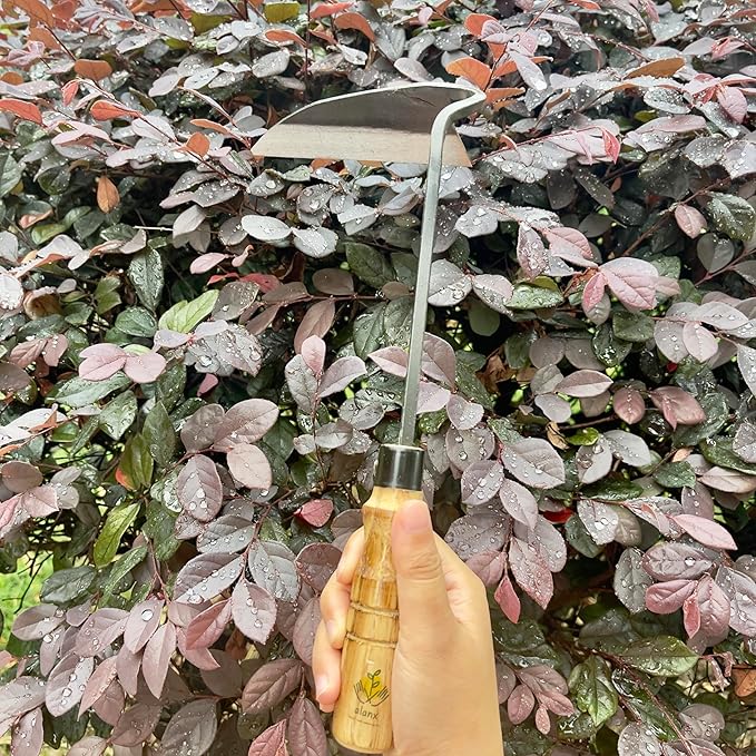 alanx 12 Inch Japanese Gardening Hand Weeding Sickle, Weeding Hoe with Long Wooden Handle