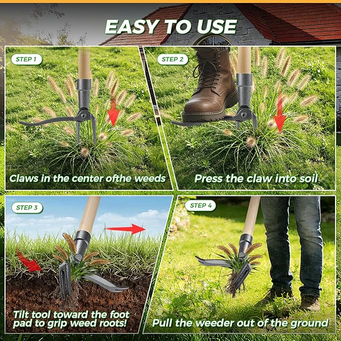 Weed Puller Tool, Stand Up Heavy Duty Root Removal Tool with 4-Claw Head & Long Handle, Garden Hand Weeding Tool - Easily Remove Weeds Without Bending, Pulling,or Kneeling