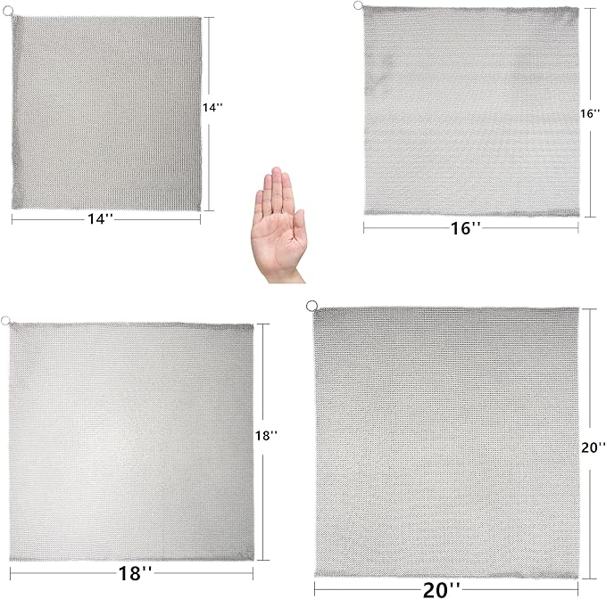 Cast Iron Cleaner & Chainmail Skillet Scrubber - 16''x16'' 3.8mm Small Ring, 316L Stainless Steel Interlocking Mesh Sheet, Flexible Chainmail Panel, Fine Linked Ring Fabric, Woven Ring Net