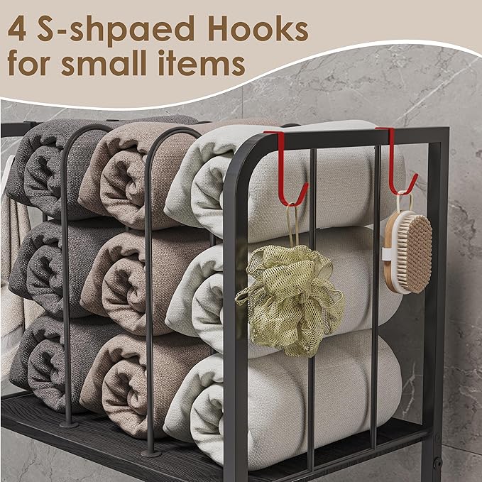 Towel Racks for Bathroom 3-Tier, Durable Metal Towel Rack Stand, Pool Items Holder, M-Shaped Detachable Dividers for Towel Storage, Space-Saving Storage Organizer Black, Patent Pending