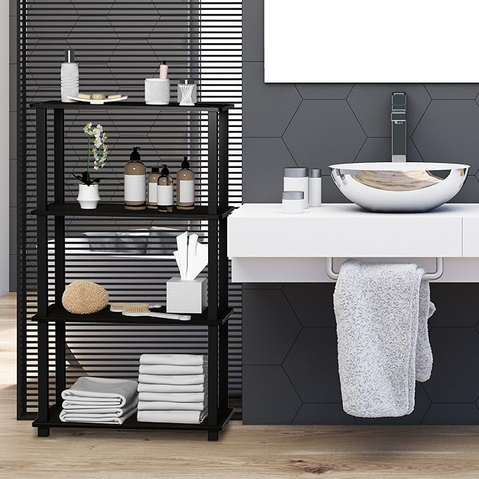 Furinno TURN-S-TUBE Storage Shelves, 4-Tier Book Shelf, Corner Shelf, Toolless Open Shelves, for Organization and Storage, Living Room, Garage, Home Office, Espresso