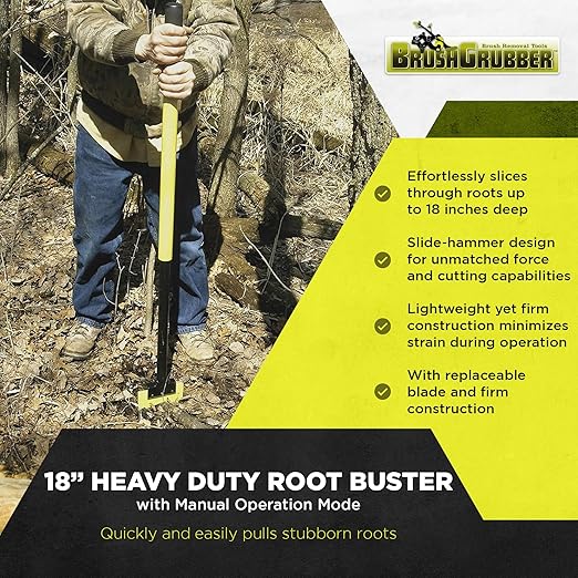 Brush Grubber 18 Inch Heavy Duty Root Buster with Manual Operation Mode and V Shaped Blade for Patio, Lawn, and Garden Equipment, Green