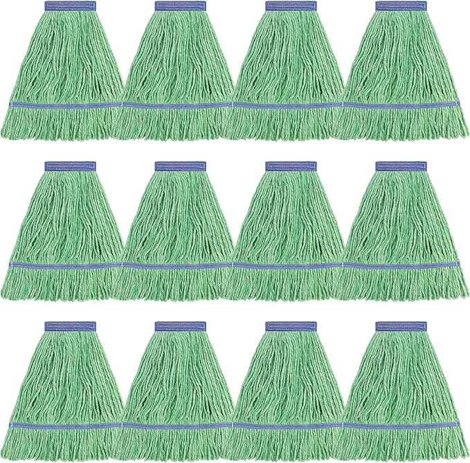 Matthew Cleaning Heavy Duty Mop Head Commercial Replacement for General and Floor Cleaning , Wet Industrial Blue Cotton Looped End String Head Refill (Pack of 12) Green