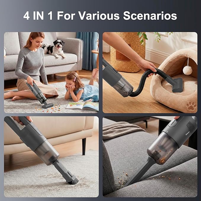 Handheld Vacuum Cordless, 5-in-1 Car Vacuum Portable Cordless 30 Mins Rapid Rechargeable Hand Vacuum Brushless Motor 19000Pa Strong Suction, Dust Busters for Car Home with 4 Nozzles, Gray