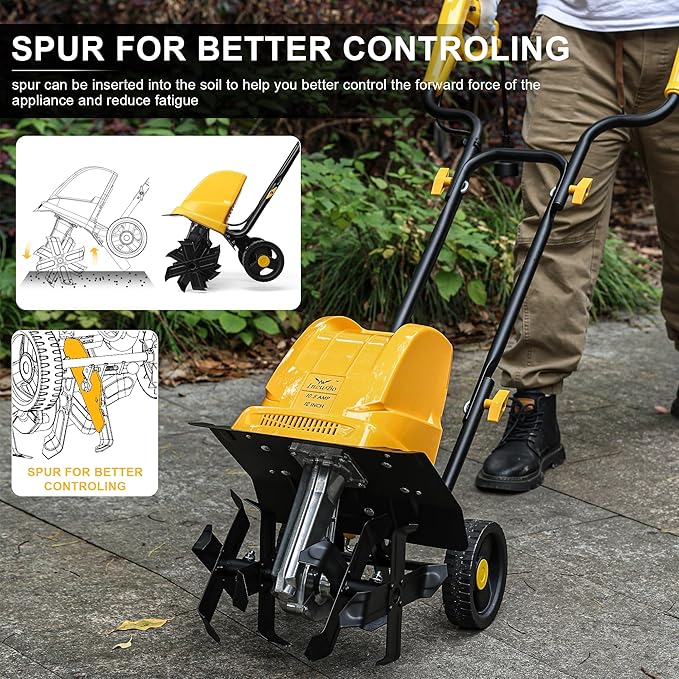 Garden Rototiller 12-Inch 10.5-Amp Corded Electric Tiller/Cultivator, Adjustable Wheels, 8-Inch Tilling Depth, Powerful and Lightweight Tiller