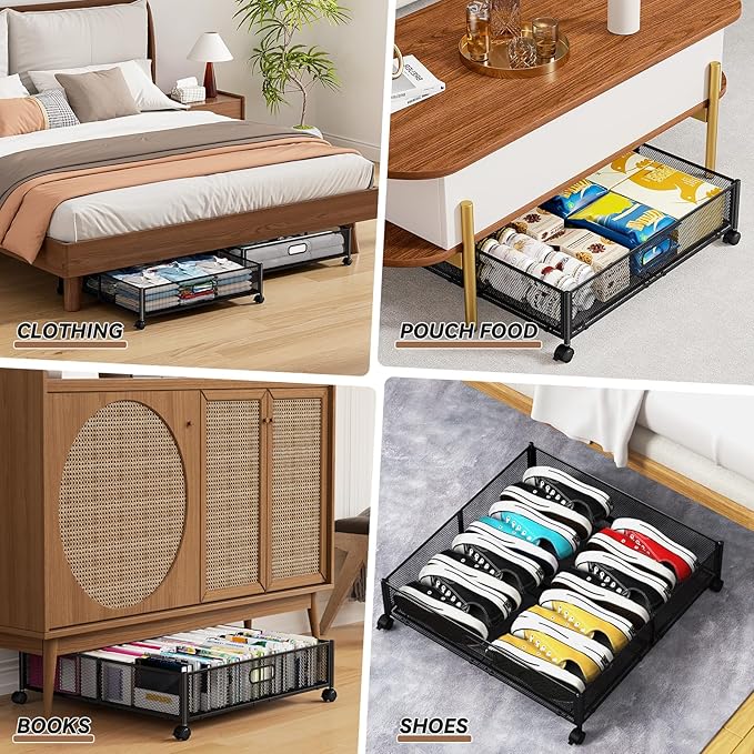 PHINOX Under Bed Storage Containers with Wheels - Shoe Storage Organizer Drawer, Tool-free Assembly Metal Underbed Storage for Bedroom Clothes, Shoes, Blankets - 2Pack